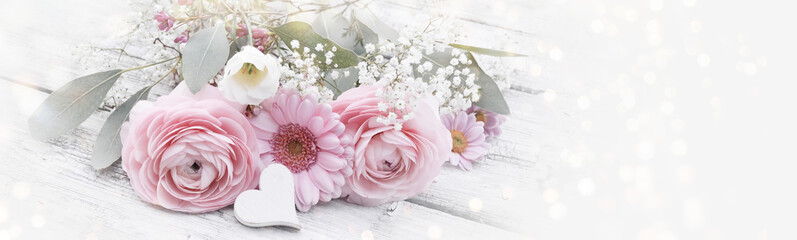 Beautiful bouquet with heart and bokeh lights - mother's day, birthday, wedding - greeting card...