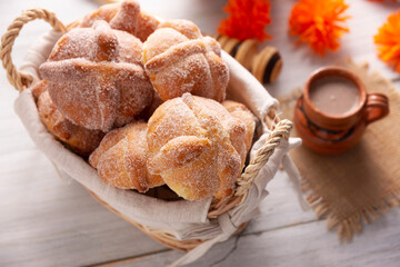 Pan de Muerto. Typical Mexican sweet bread that is consumed in the season of the day of the dead. It is a main element in the altars and offerings in the festivity of the day of the dead.
