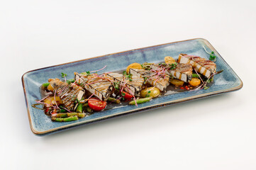 Fried cheese tofu with vegetables and herbs