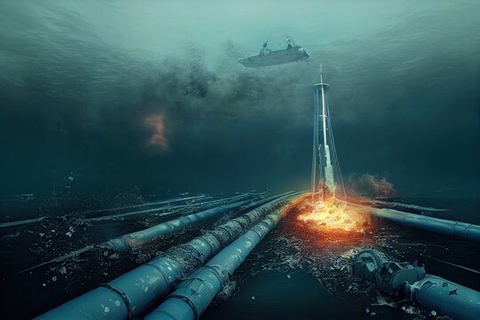 Sabotage of the underwater gas pipelines. Underwater explosion and gas leak. Concept of war causing climate risks and pollution of the sea. 3D digital illustration.