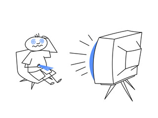 The drawn man is watching TV. Man feels anxious while looking at fake news. Television hypnotizes the viewer.