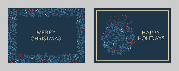 Set of holidays greeting cards with floral frames and Christmas ornament. Winter twigs patterns in blue colors