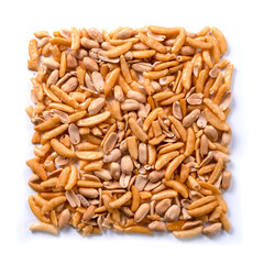 Nuts and crackers for beer isolated on white background. View from above