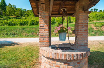 A brick well stands by the road near green hills with a hanging bucket in which a pink flower blooms