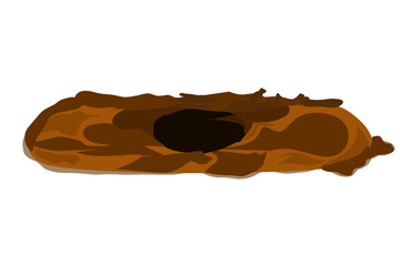 Big hole in ground. Brown dry soil and mine. Element of desert landscape. Cartoon illustration. Den of forest animal.