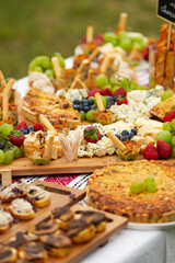 Platter of home-cooked appetizers with vegetables, cheese and meat, prepared for an outdoor party and set in a rustic setting. Traditional Romanian food.