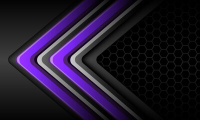 Abstract purple silver twin arrow direction geometric on grey metallic hexagon mesh design modern futuristic background vector