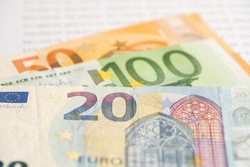 Euro banknotes on spreadsheet paper, Banking Account, Investment Analytic research data economy, trading, Business company concept.