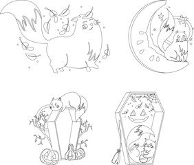 vector illustration, cat, holiday, halloween, pumpkin, animal, character, doodle, symbol, happy. Coloring book, outline, line