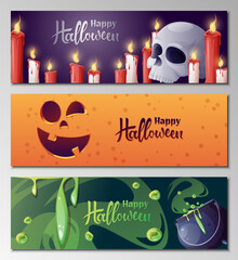 Set of vector banners for Halloween. Witch's cauldron, scary pumpkins, broom, skull, candles. Illustration for greeting cards, invitations, banners, posters.