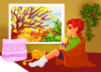 Red haired happy girl sitting by window on a bed with ginger cat wrapped in plaid with a cup of tea in autumn. Hand drawn fall scenery from home interior. Woman relaxing in october. Film grain
