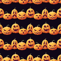 Seamless pattern with Halloween pumpkins on a black background. Striped background with holiday symbol for textiles, wallpaper, wrapping paper, etc.