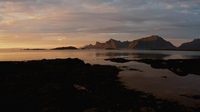 Aerial view of the magnificent mountain lofoten, Bleik, sunset Norway.