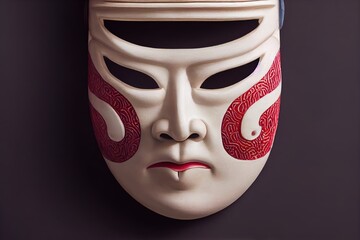 Painted traditional japanese kabuki theater mask made of ceramic, wood, lacquer and clay. Highly ornate and exaggerated design. Masks used by actors during spectacle, 3D illustration concept art.  - obrazy, fototapety, plakaty