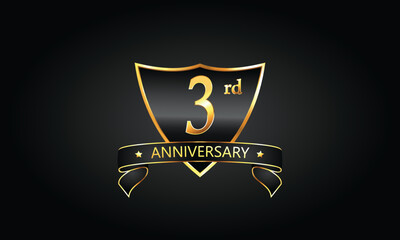 3 year anniversary logo with golden shield and ribbon. Dark concept anniversary. 3rd Anniversary celebration background. Third anniversary banner vector