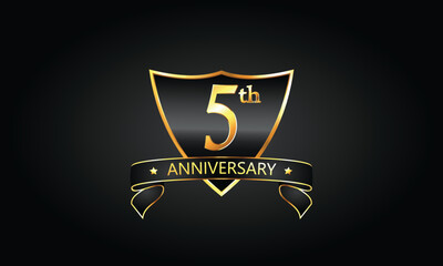 5 year anniversary logo with golden shield and ribbon. Dark concept anniversary. 5th Anniversary celebration background. fifth anniversary banner vector