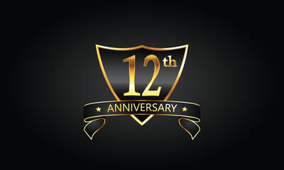 12 year anniversary logo with golden shield and ribbon. Dark concept anniversary. 12th Anniversary celebration background. twelfth anniversary banner vector