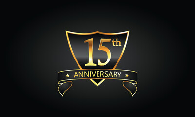 15 year anniversary logo with golden shield and ribbon. Dark concept anniversary. 15th Anniversary celebration background. fifteenth anniversary banner vector