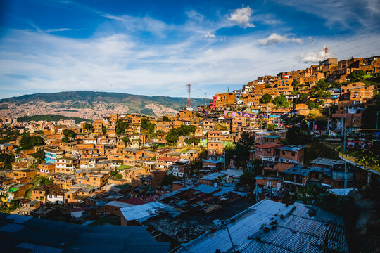 Urban Hill Medellin Comuna 13 Ghetto Latin American Colombian Valley Cityscape Sun Shining Over Houses