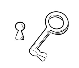 Vintage key, hand-drawn. Simple drawing in doodle sketch style. Keyhole symbol. Line drawing simple black key hole icon. Hand drawn in doodle style. Isolated vector illustration.