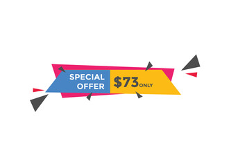 $73 USD Dollar Month sale promotion Banner. Special offer, 73 dollar month price tag, shop now button. Business or shopping promotion marketing concept
