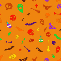 Halloween symbols seamless pattern orange vector image
