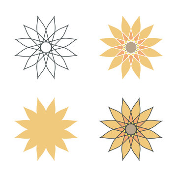 Sun flower icons set, ethnic boho style Logo. Creative flower web decor, outline, colored isolated elements, vector