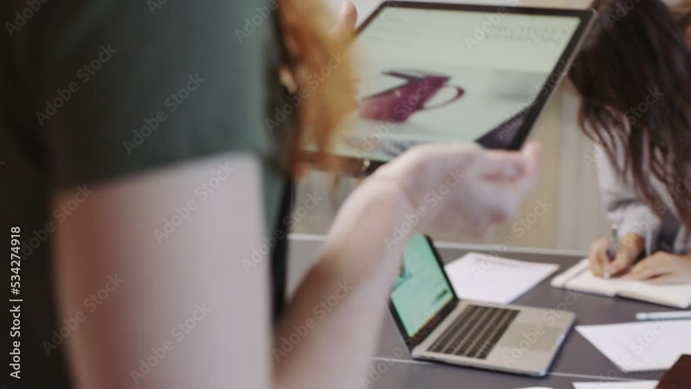 Aufkleber Tablet, digital business team working and internet startup company workers using technology in a office. Tech collaboration on a web, ui strategy and ux development project for screen optimization