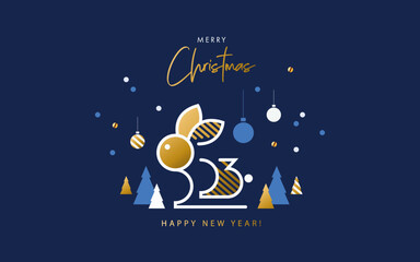 Merry Christmas and Happy New Year banner, greeting card, poster, holiday cover. Modern Xmas design in geometric style with Christmas tree, ball, snow and 2023 number in the form of rabbit