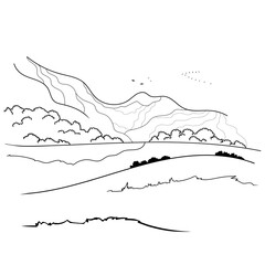 vector illustration linear landscape on white background. landscape in minimalist sketch style