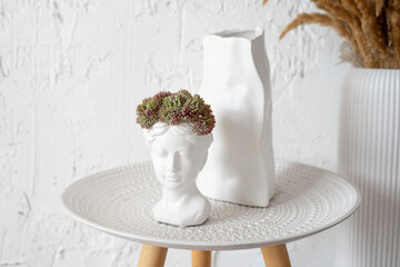 Gypsum bust of a woman in a pot of sedum, white vase with dry pampas grass. Interior decoration details.