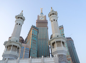 Skyline with Abraj Al Bait (Royal Clock Tower Makkah) (left) in Makkah, Saudi Arabia. The tower is the tallest clock tower in the world at 601m (1972 feet), built at a cost of USD1.5 billion.