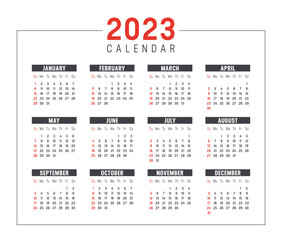 Year 2023 calendar, isolated on white background. Vector template.