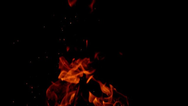 Super Slow Motion of Fire With Sparks Isolated on Black Background. Filmed on High Speed Cinema Camera.
