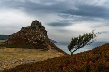 Fototapeta premium Valley of the Rocks landscape in Exmoor in North Devon with an expressive overcast sky