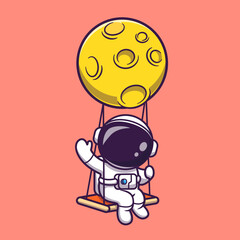 Cute Astronaut Swing On Moon And Waving Hand Cartoon 
Vector Icon Illustration. Science Technology Icon Concept 
Isolated Premium Vector. Flat Cartoon Style