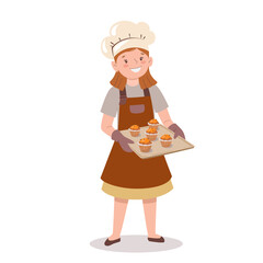 Little cook. Child is holding baking sheet with homemade cupcakes. Cute cartoon girl in chef's hat and apron bakes muffins. Vector illustration in flat style isolated on white background.