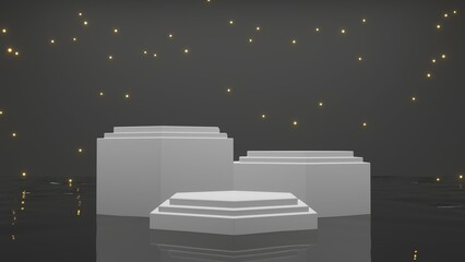 Product display - 3 item, white podiums, stars, water reflection, hexagon