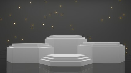 Product display - 4 item, white podiums, stars, water reflection, hexagon