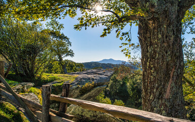 Blue ridge parkway overlook wood fence mountains