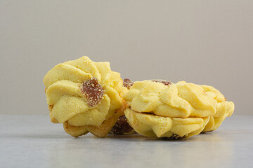 Some of round fresh delicious cookies on white background