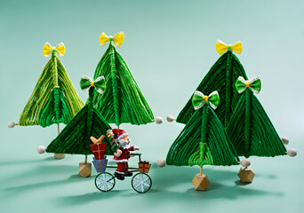 Creative Christmas Background with cute yarn christmas tree ornament. Wool christmas ornaments based on gods eyes mandala