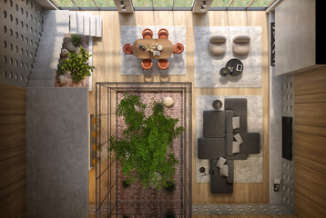 Modern style conceptual interior room top view 3d illustration