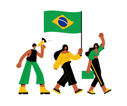 Brazilians carry the flag of Brazil and protest. People are shouting into a megaphone and demanding rights. Stop the violence