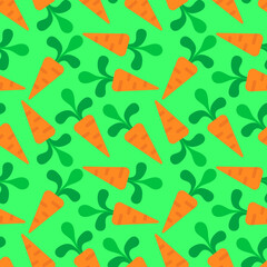 Orange carrots, vegetables on a light green background. Seamless pattern, floral print. Vector illustration