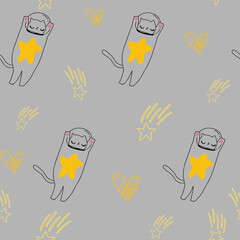 Cute cat in space with stars, hearts doodle. Grey and yellow pattern for paper, baby, scrapbook.