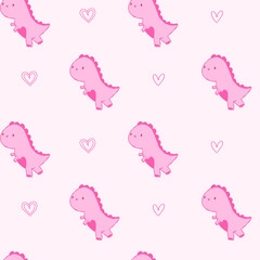 Little cute dinosaur with line hearts doodle. Pink pastel pattern for paper, baby, scrapbook, kids.