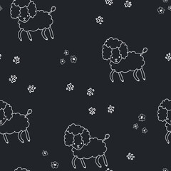 Little cute poodle dog line with paws doodle. Black and white pattern for paper, baby, pets, scrapbook.