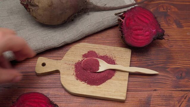 Beetroot flour. The concept of healthy eating dry beer powder. Selective focus