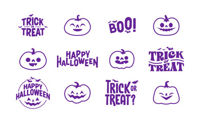 Halloween graphic elements with carved pumpkins and bats. Trick or treat, Boo and spooky designs. Halloween decoration.